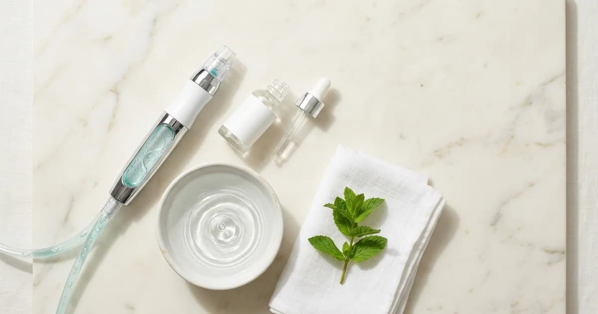 Aquafacial-Handpiece, Serumflasche und Wasserschale auf hellem Marmor – Vergleich Aqua Facial, HydraFacial und HydroBoost