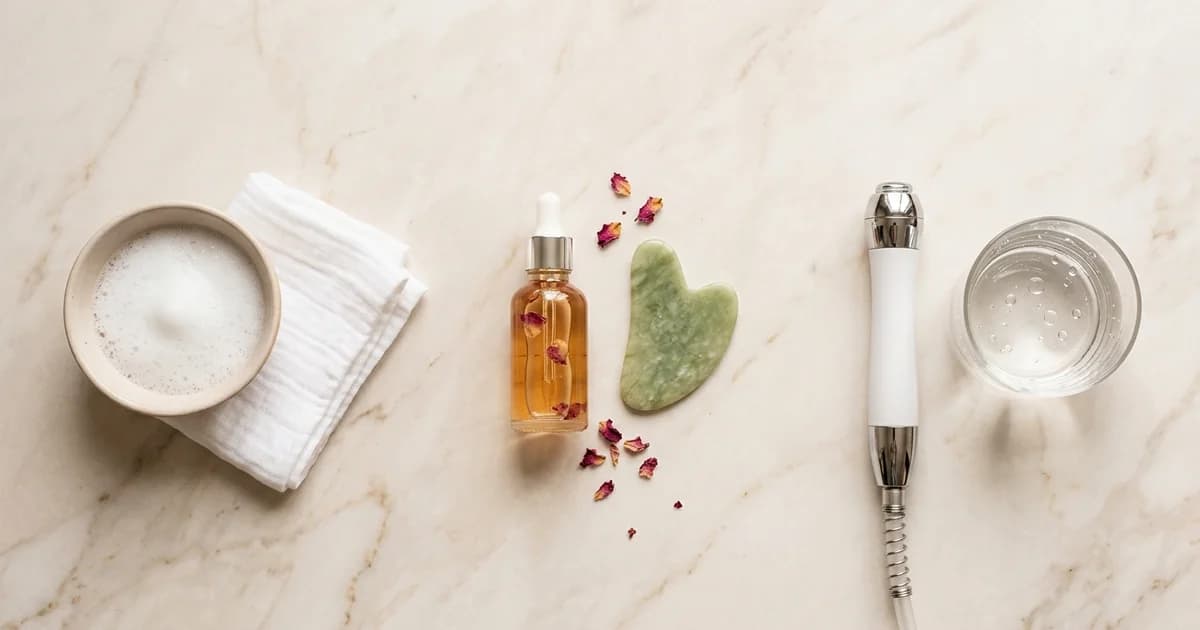 Drei pastellfarbene Skincare-Setups nebeneinander auf hellem Marmor — Vergleich Basic, Classic und HydroBoost Facial