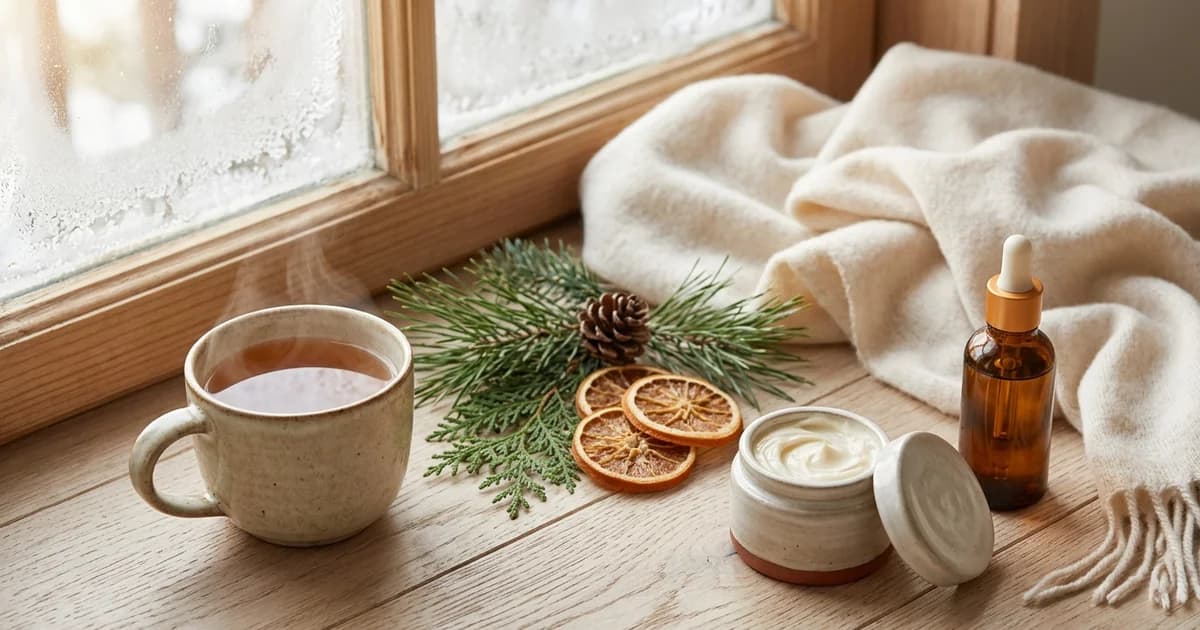 Winter-Skincare-Routine mit reichhaltiger Creme, Serum und warmem Tee am beschlagenen Fenster