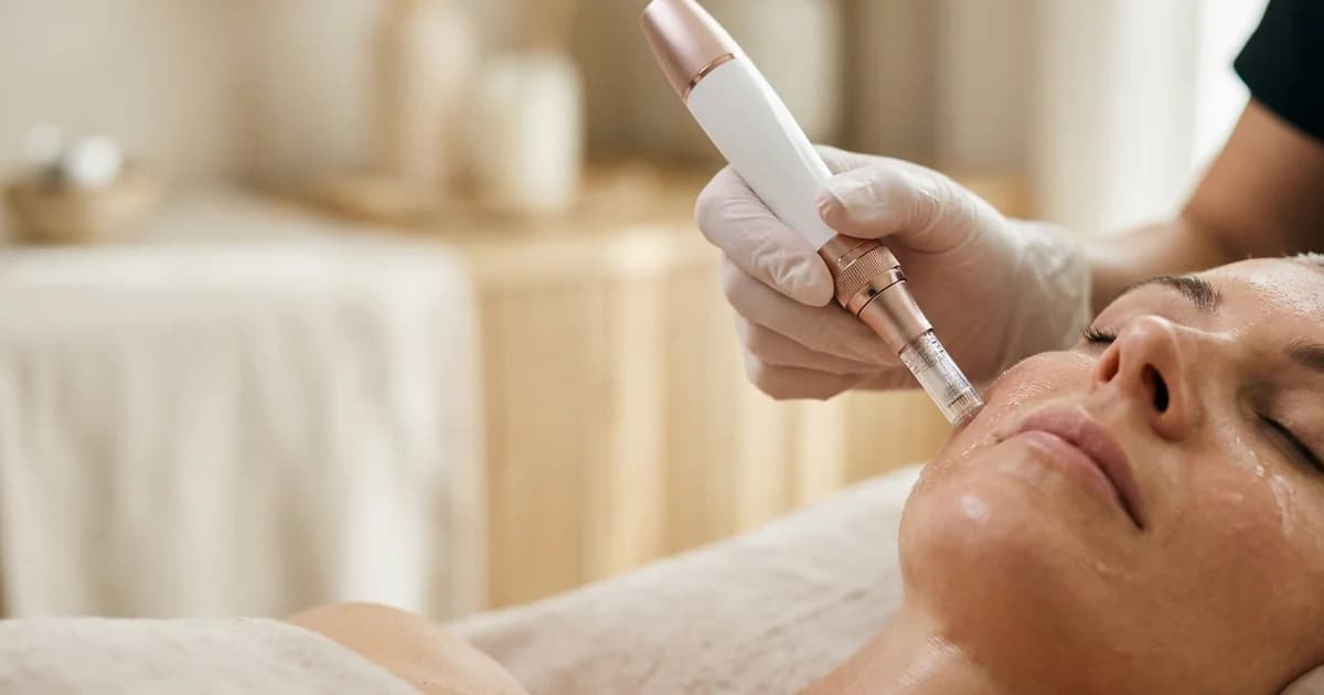 Sanfte Microneedling-Behandlung mit professionellem Pen-Gerät auf entspannter Wangenpartie