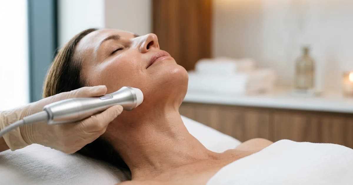 Professionelles RF-Lifting Handgerät an gepflegter Kieferpartie im modernen Behandlungsraum